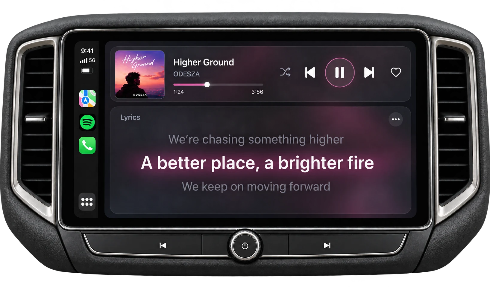 A realistic production car display with one synchronized lyric line in clear focus.