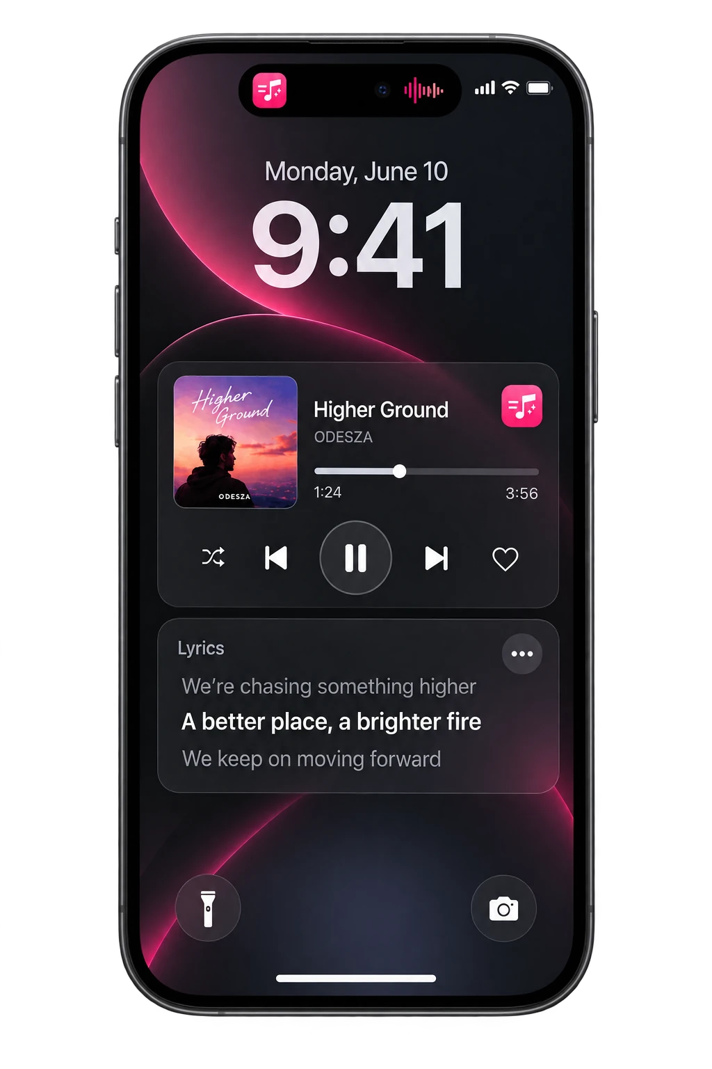 A realistic front-facing iPhone showing synchronized lyrics on the Lock Screen.